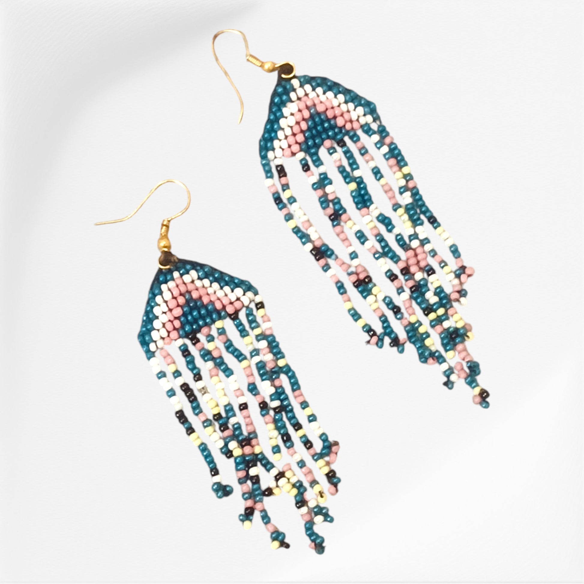 Long-Seed-Bead-Earrings-In-Green-Pink-Color